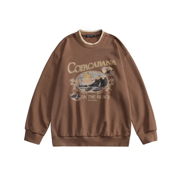 Japanese Retro Niche Design Round Neck Sweater Couple Wear Brown - Shop at LoveMi