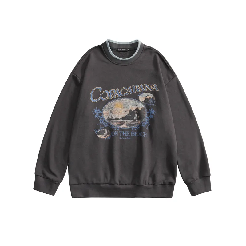 Japanese Retro Niche Design Round Neck Sweater Couple Wear Dark Grey - Shop at LoveMi