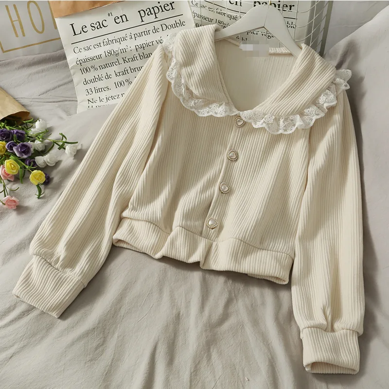 Lace Patchwork Doll Collar Vertical Striped Shirt Apricot - Shop at LoveMi