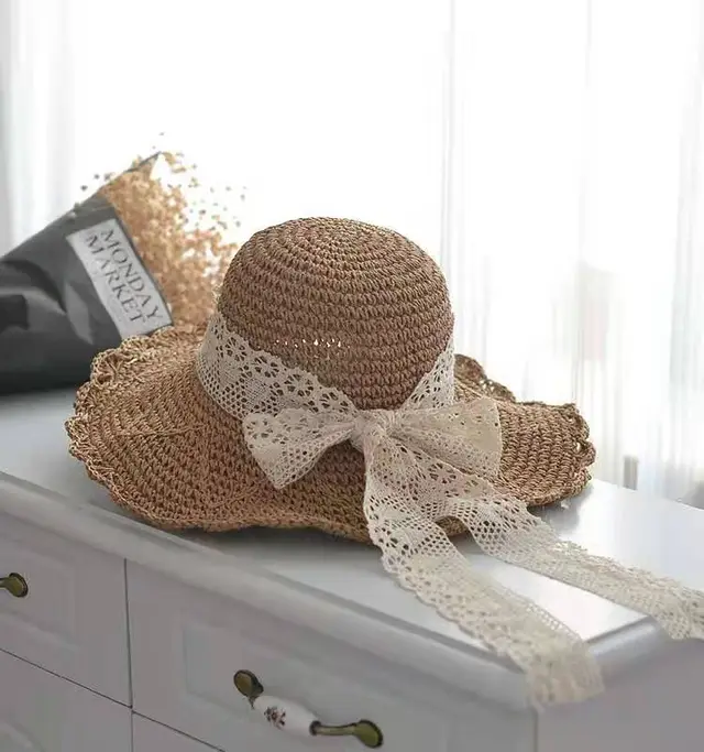 Women's Lace Straw Hat With Bow Hollow Sunscreen Khaki - Shop at LoveMi