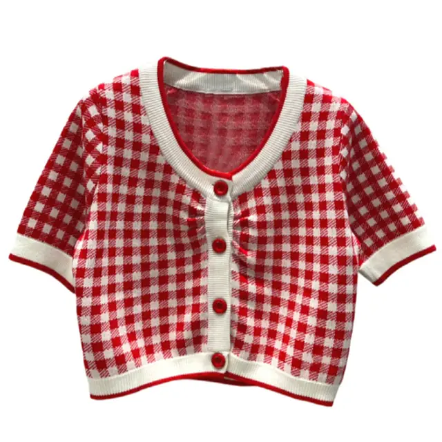 Women's Red And White Check Contrast Knitted Cardigan Coat Top - Shop at LoveMi