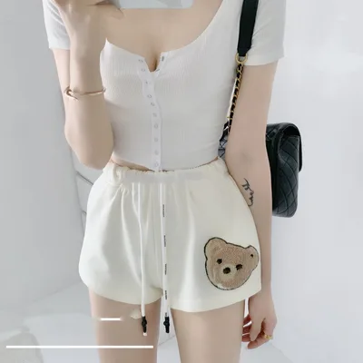 Cute Towel Embroidered Bear Wide Leg Pants Apricot - Shop at LoveMi