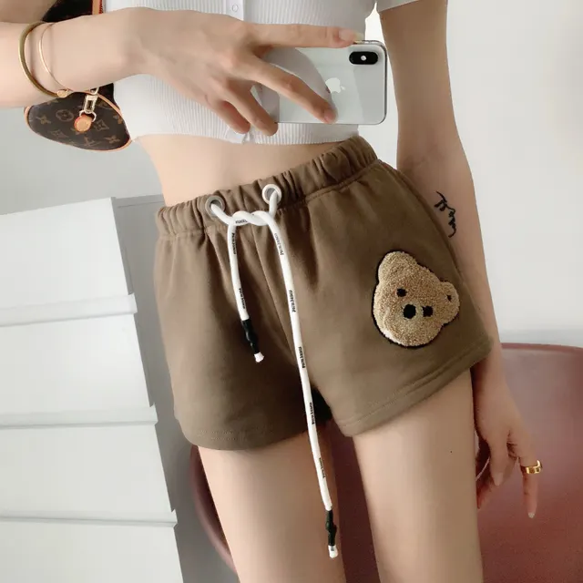 Cute Towel Embroidered Bear Wide Leg Pants Brown - Shop at LoveMi