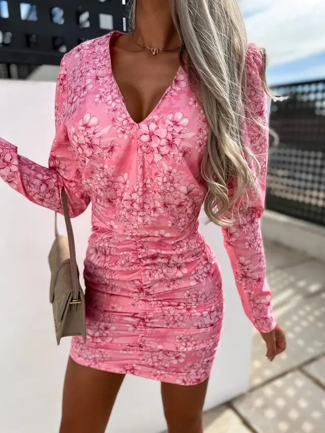 Long Sleeve V Neck Print Pack Hip Gathered Body Dress - Shop at LoveMi