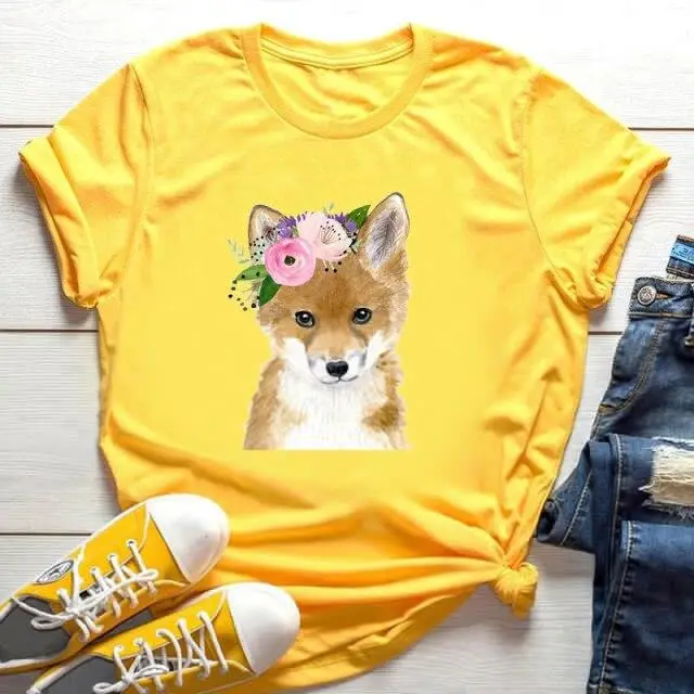 Cute Dog Around European And American T shirt Loose Short sleeved Yellow - Shop at LoveMi
