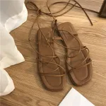 Women's Summer Flat Retro Toe Lace-up Sandals - Brown