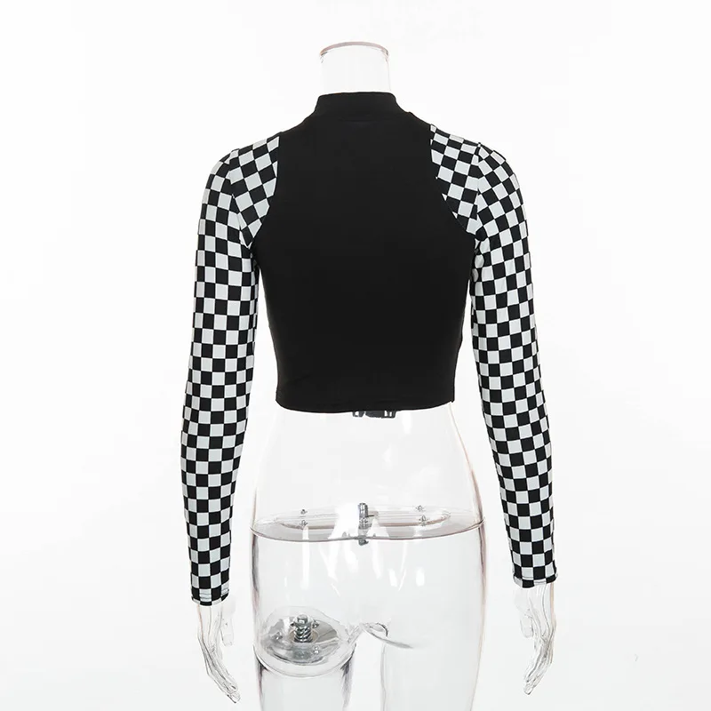 Patchwork Checkerboard Long Sleeve Crop Slim Fit T Shirt Black - Shop at LoveMi