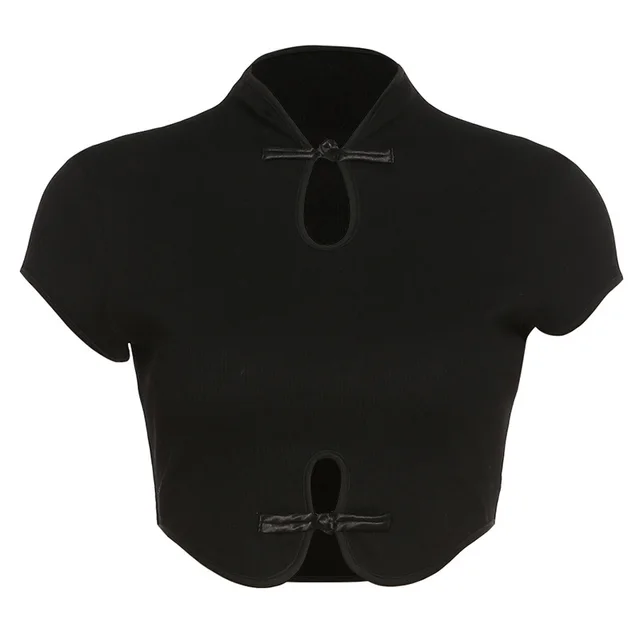 Round Neck Short Sleeve Cutout Slim Fit Vintage T Shirt Polyester Blouse Black - Shop at LoveMi