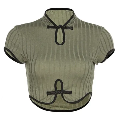 Round Neck Short Sleeve Cutout Slim Fit Vintage T Shirt Polyester Blouse Green - Shop at LoveMi