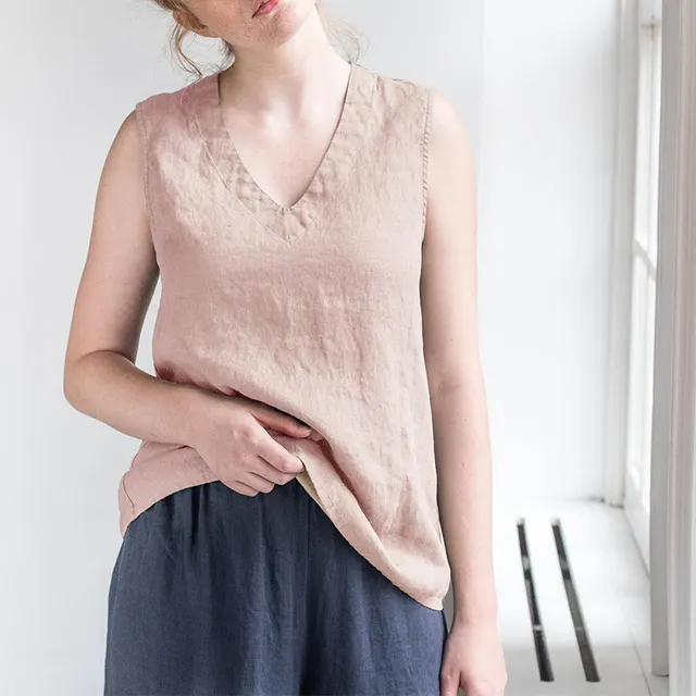Women's Pure Linen V Neck Sleeveless Tank Top Pink - Shop at LoveMi
