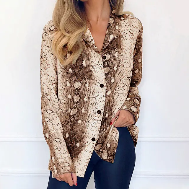 Women Autumn Long Sleeve Shirt Ladies Casual Loose Blouse Brown - Shop at LoveMi