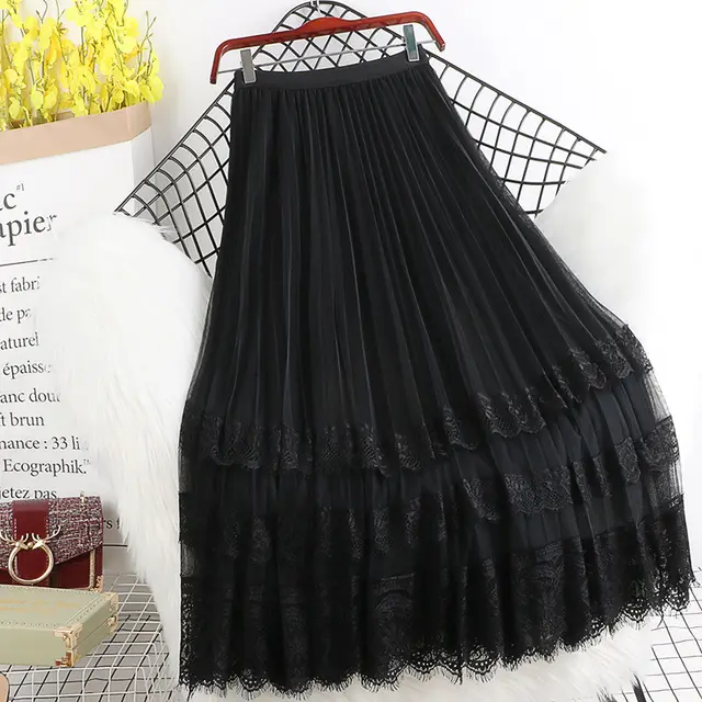 Double layer Mesh paneled Lace trimmed Midi Skirt Black - Shop at LoveMi