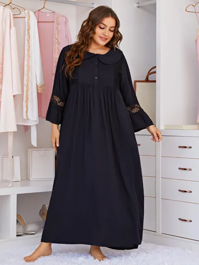 Collar Lace Home Wear Fat Mm Black Summer Dress Black - Shop at LoveMi