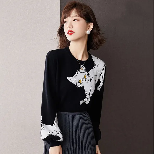 Sweater Design Sense Winter Bottoming Shirt Loose Outer Top Black Cat - Shop at LoveMi