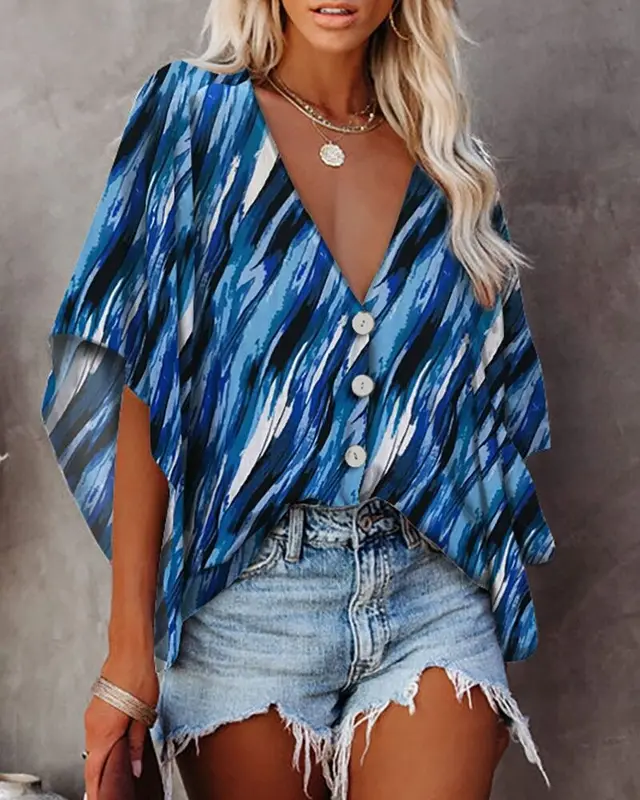 European And American Women's Printed Short Sleeve Shirt Flowers Blue - Shop at LoveMi