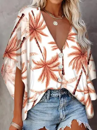 European And American Women's Printed Short Sleeve Shirt Flowers - Coconut Tree