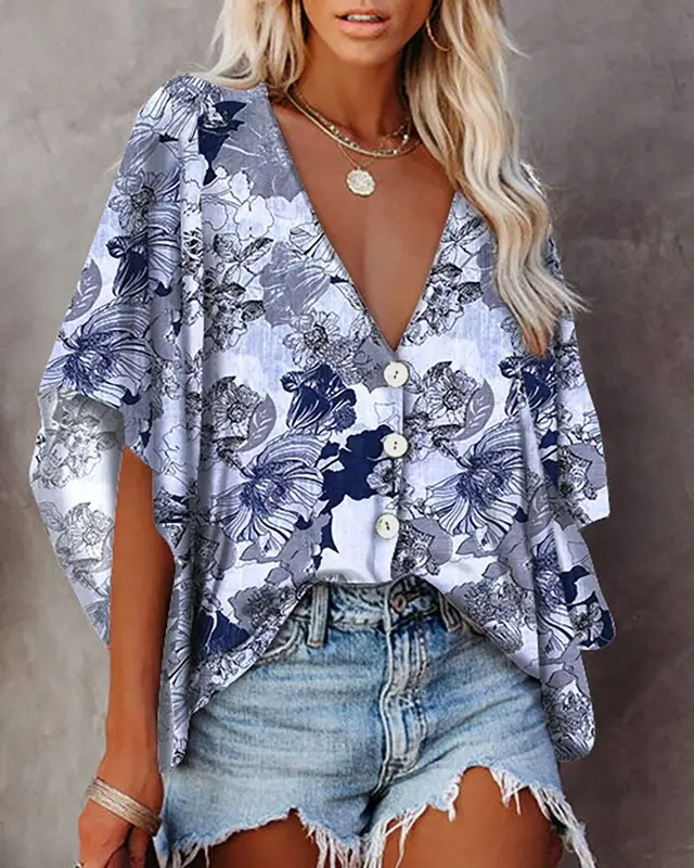 European And American Women's Printed Short Sleeve Shirt Flowers Grey - Shop at LoveMi