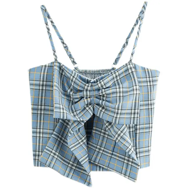 Summer Women's Camisole Ribbon Plaid Top Blue - Shop at LoveMi