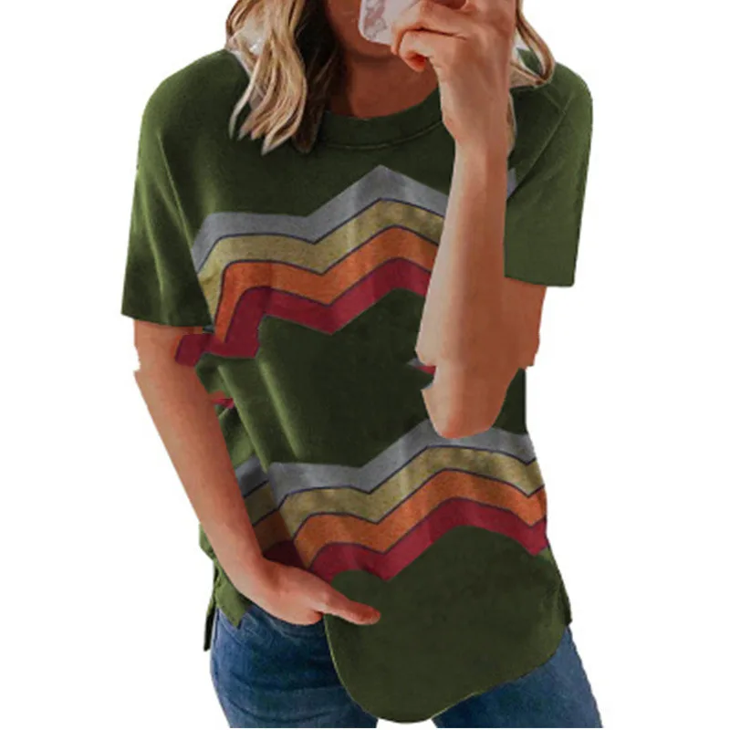 European And American New Neckline Cross Stripe Print T shirt Rainbow Green - Shop at LoveMi