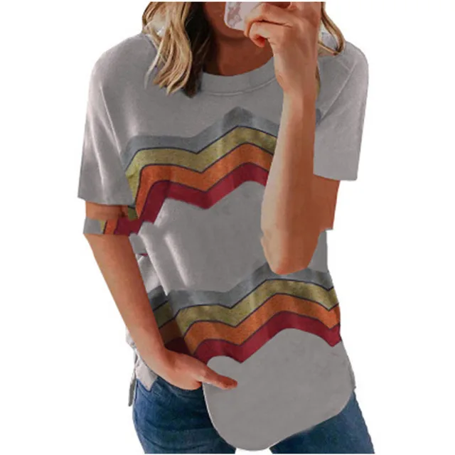 European And American New Neckline Cross Stripe Print T shirt Rainbow Grey - Shop at LoveMi