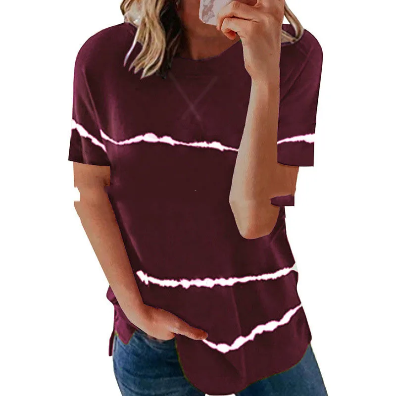 European And American New Neckline Cross Stripe Print T shirt Wine Red - Shop at LoveMi