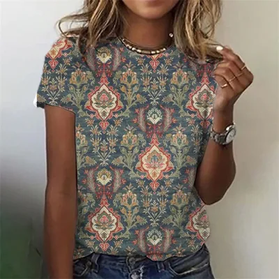 Round Neck Digital Print Short Sleeve Loose Women's T Shirt 4 Style - Shop at LoveMi
