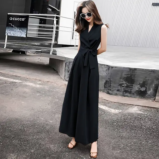 Student Korean Casual V neck Slim Jumpsuit Wide leg Pants Suit Black - Shop at LoveMi