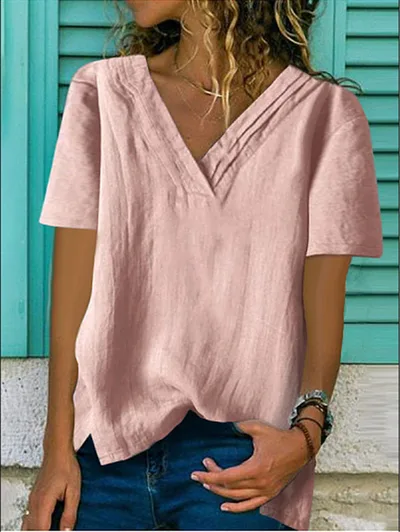 Large V neck Hem Bifurcated Short sleeved Cotton And Linen Layers Pink - Shop at LoveMi