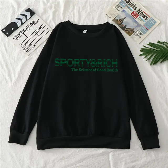 Sporty Rich Print Casual Round Neck Cotton Sweater Black - Shop at LoveMi