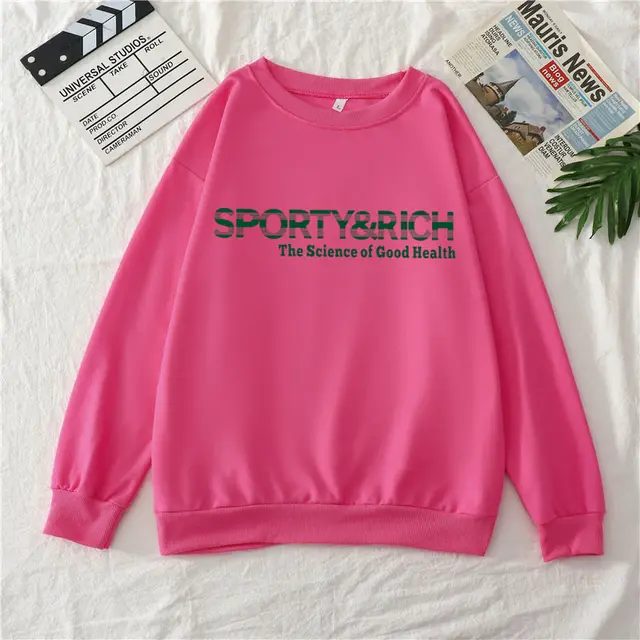 Sporty Rich Print Casual Round Neck Cotton Sweater Rose Red - Shop at LoveMi