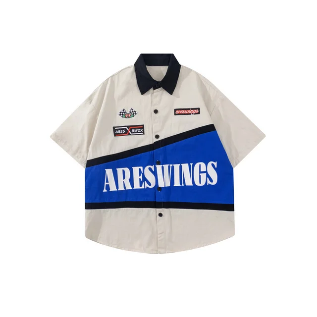 American Vintage Embroidered Heavy Bike Short Sleeve Shirt Blue - Shop at LoveMi