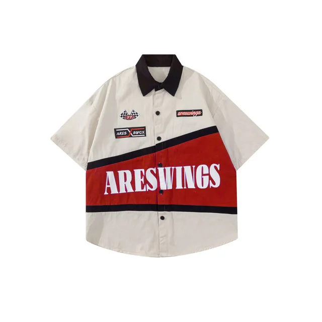 American Vintage Embroidered Heavy Bike Short Sleeve Shirt Red - Shop at LoveMi