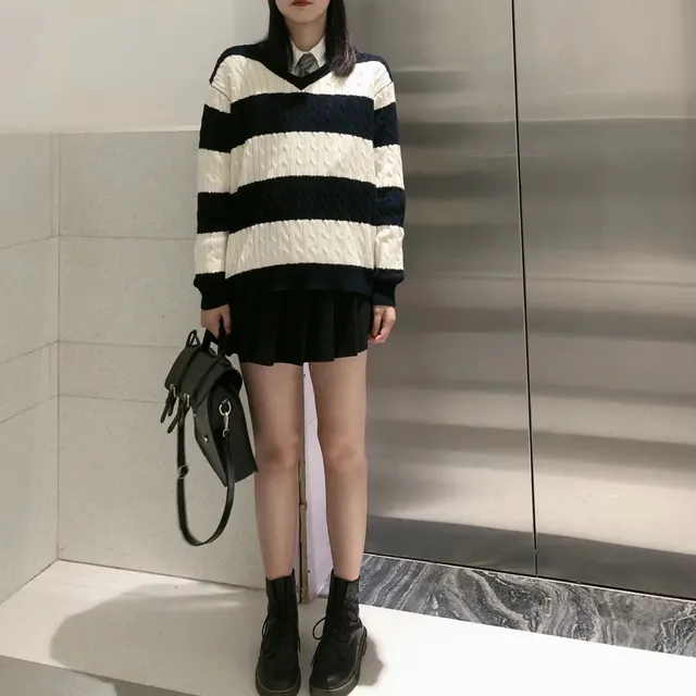 Striped Twist Sweater V Neck Loose Knit Pullover Black - Shop at LoveMi