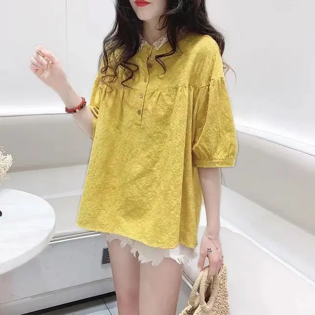 Lace Doll Collar Shirt Short Sleeve Women's Summer Cotton Linen Yellow - Shop at LoveMi