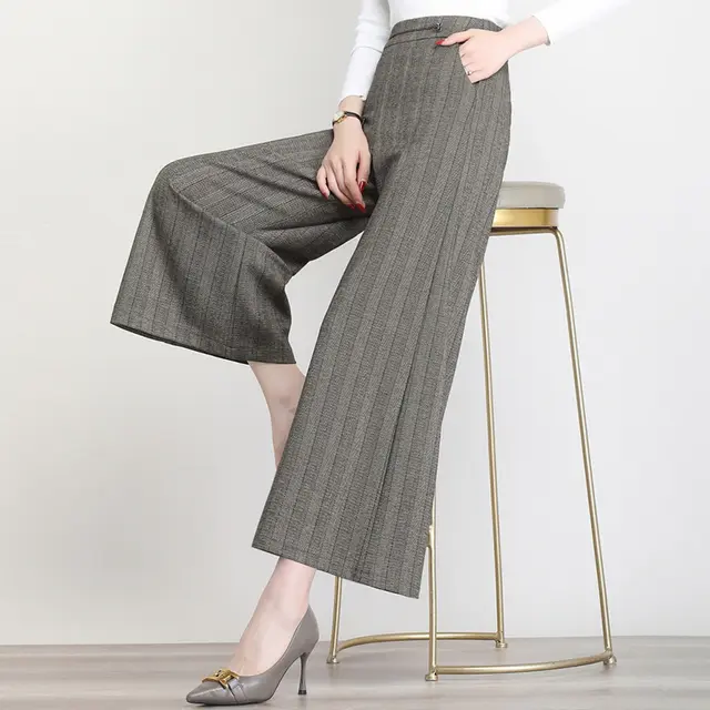 Loose Korean Striped Versatile High Waist Straight Casual Pants Coffee - Shop at LoveMi