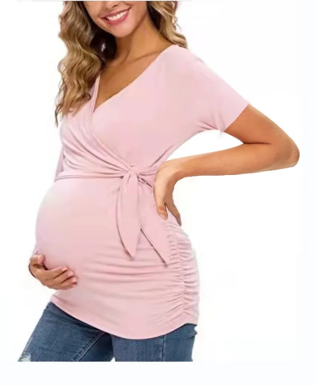 Cross V Neck Breastfeeding T Shirt Maternity Top Pink - Shop at LoveMi