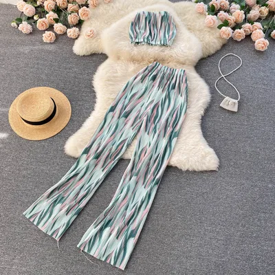 Women's Short Tube Top High Waist Trousers Suit Green Pink - Shop at LoveMi