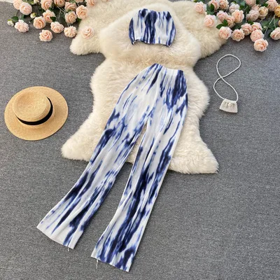 Women's Short Tube Top High Waist Trousers Suit White Grey - Shop at LoveMi