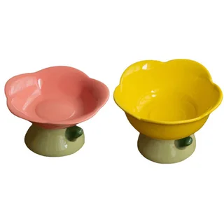 Ceramic Protection Cervical Vertebra Anti-overturningCat Dog Flower Bowl - Pink Yellow