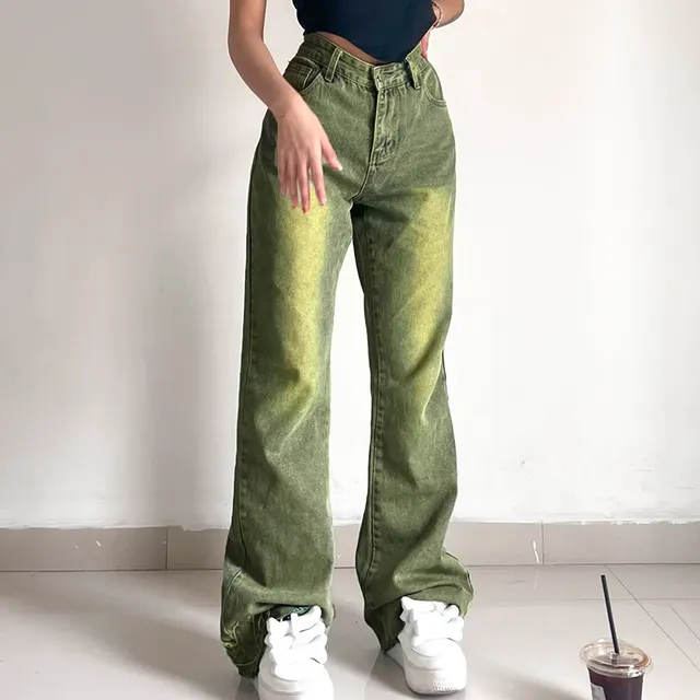 Women's Green Gradient Maple Leaf Embroidered Raw Edge Jeans Green - Shop at LoveMi