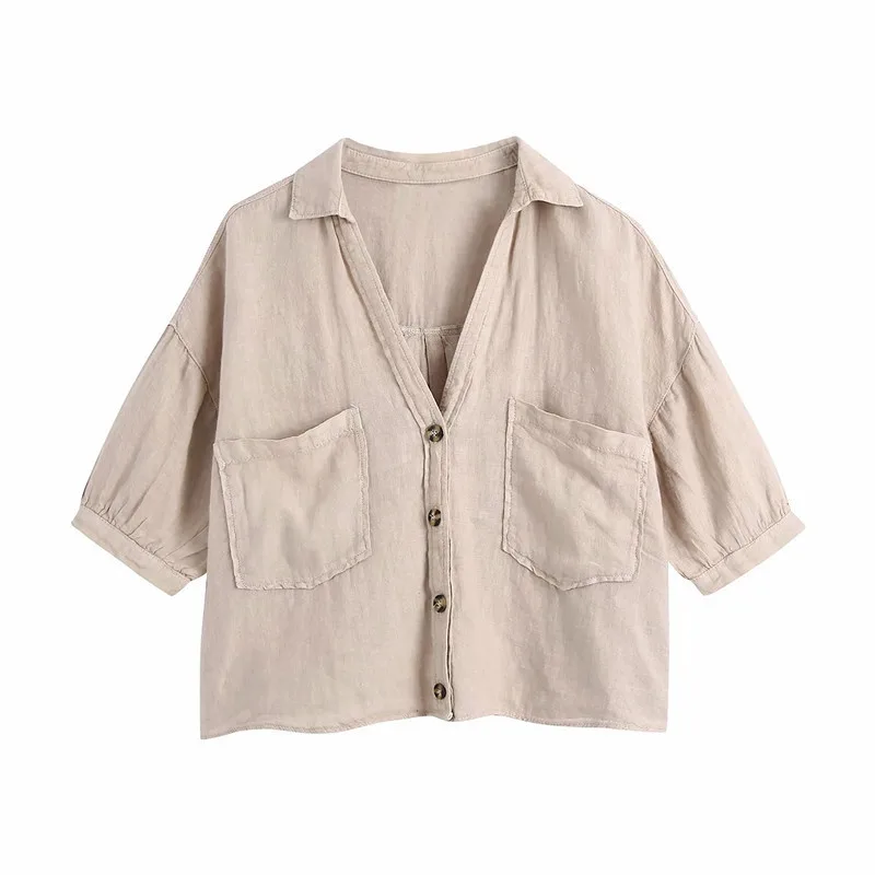 Women's Summer Solid Color Lapel Casual Short Shirt Top Khaki - Shop at LoveMi