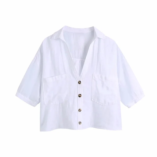 Women's Summer Solid Color Lapel Casual Short Shirt Top White - Shop at LoveMi