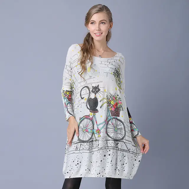Printed Long Sleeve Pullover Sweater Knitted Bottoming Top White - Shop at LoveMi