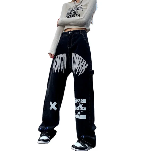 Vintage Letter Print Design High Waist Straight Wide Leg Jeans Black - Shop at LoveMi