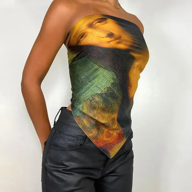 Sleeveless Fashion Oil Painting Print Bandeau Top Black - Shop at LoveMi