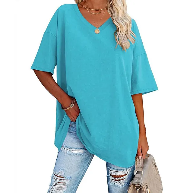 European And American Women's Loose Short sleeved V neck T shirt Blue - Shop at LoveMi