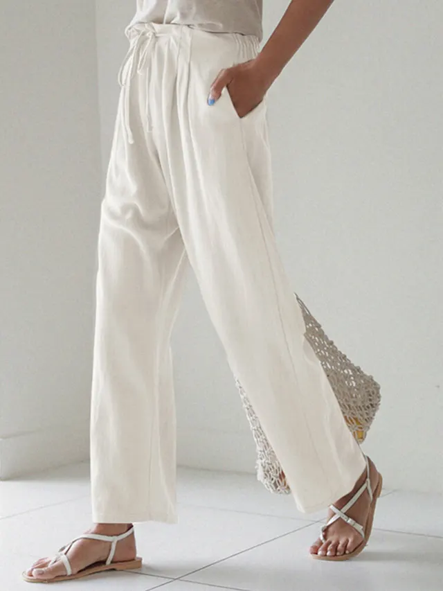 Casual Ladies Solid Color Straight Leg Elastic Waist Pants White - Shop at LoveMi