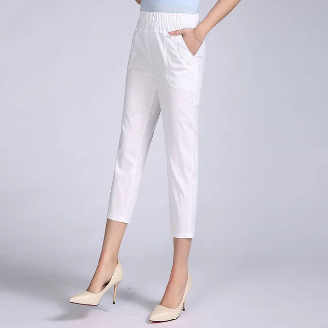 Thin Cotton Cropped Summer Elastic Waist Women's Pants White - Shop at LoveMi