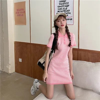 Plaid Temperament Small Fragrance Short Sleeve Dress Pink - Shop at LoveMi