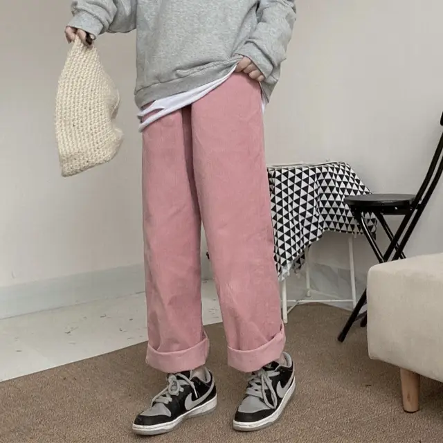 Women's Corduroy Wide Leg Sweatpants Fleece Sweater Pink Trousers Regular - Shop at LoveMi